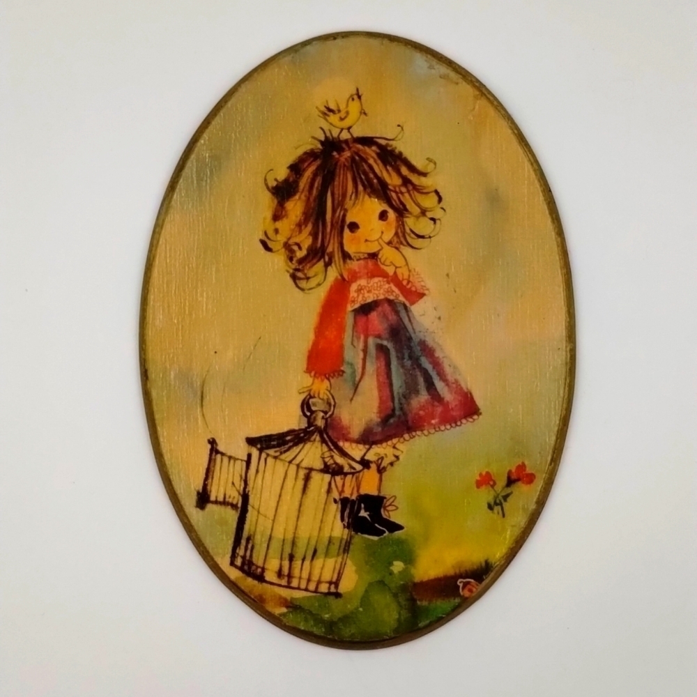 Mid century modern decoupaged wood plaque with little girl W With birdcage 5.5"